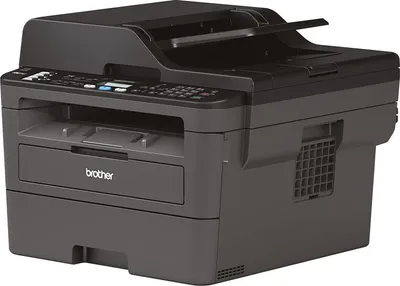 A black and gray Brother MFC-L2710DN 4in1 Multifunktionsdrucker is shown against a white background.