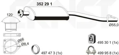 Produktbild von ERNST 352291 Mittelschalldämpfer Schalldämpfer passend für MERCEDES-BENZ C-Klasse Limousine (W203) C-Klasse T-modell (S203)