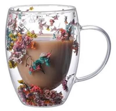 Obrázok produktu pre Dvojité cappuccino poháre s objemom 350 ml, zdobené sušenými kvetmi, vyrobené z borosilikátového skla, termálne poháre