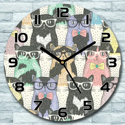 Produktbild von Wanduhr aus Glas Rund fi 30 Katzen mit Brille Quarz Deko Schlafzimmer Büro