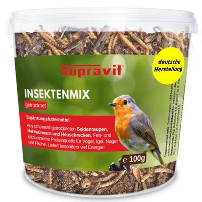 Produktbild von Supravit Vogelfutter Insekten Mix 100g | getrocknetes Insektenfutter für Vögel & Igel | Mit Mehlwürmern, Seidenraupen, Heuschrecken
