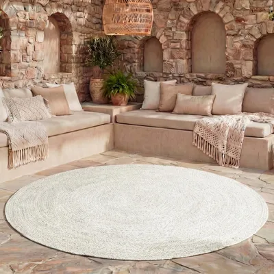 Produktbild von Volero - Outdoor Jute Teppich Rund - Bali Weiß - Ø 100 cm - Wohnzimmer, Esszimmer, Balkon, Garten, Terrasse - Boho, Ländlich