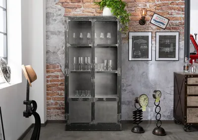 Produktbild von MASSIVMOEBEL24 Vitrine Mango 92x40x185 grau lackiert HEAVY INDUSTRY #143