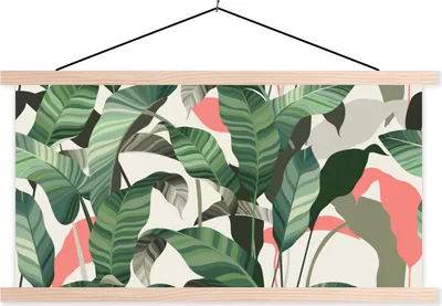 Produktbild von MuchoWow® Textilposter Tropisch - Blätter - Rosa 60x30 cm mit holzfarbenen Rahmen - Dekoration