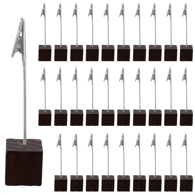 Image de Support photo avec pinces - Support photo en bois - Porte-cartes de table - 30 pièces - 25 x 25 x 113 mm - Couleur bois clair avec clip argenté