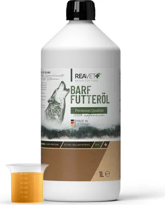 Produktbild von REAVET Barf Futteröl 1L Hunde, 1.Kaltpressung - Barföl, Futteröl kaltgepresst Hund, hochwertige & perfekte Mischung, Barf Zusatz für Hunde I natürlich & artgerecht