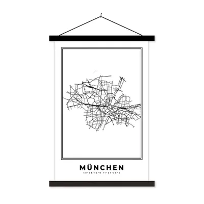 Produktbild von MuchoWow® Textilposter Stadtplan - Deutschland - Schwarz und weiß - München - Karte 60x90 cm mit schwarzem Rahmen - Poster Wohnzimmer