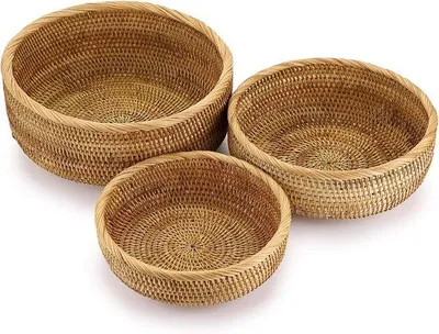 Produktbild von Runde Rattan-Korb-Set - 3er-Set - dekorativer Obst-Korb - Aufbewahrungskorb - Tisch/ Bürostuhl - Ablage-Display