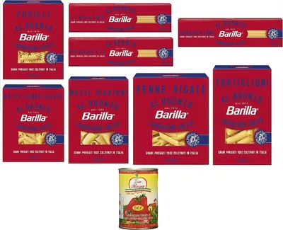 Produktbild von Testpaket Barilla Pasta al Bronzo Bronze Gezogene nudeln Pasta 8x 400g Rohe Verarbeitungsmethode + Zia Rosa DOP San Marzano 400g
