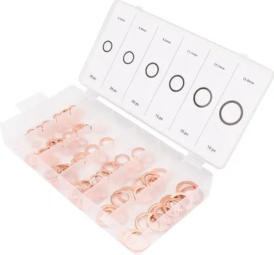 Productafbeelding van 110 stuks koperen ringen in verschillende maten, assortiment. Platte ringen voor olieleidingen en remleidingen
