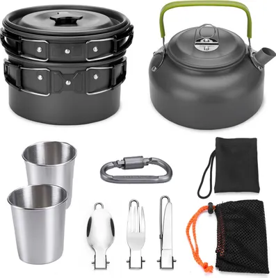 Produktbild von Leichtes Camping-Kochgeschirr-Set: Topf, Pfanne, Wasserkocher, 2 Tassen, Edelstahl-Besteck (Gabel, Löffel) – ideal für Wandern, Camping & Picknick.