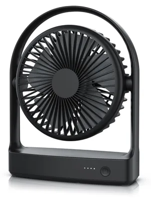 A black portable fan is displayed against a white background.