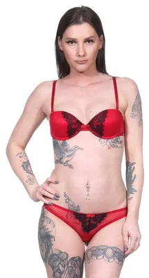 Produktbild von Damen Dessous Set Bügel BH Slip Push-Up String-Tanga Unterwäsche Cup C Rot 75