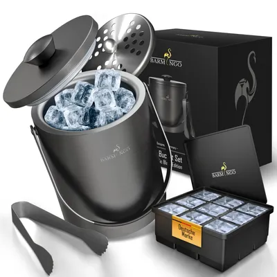 Produktbild von Edelstahl Eiswürfelbehälter mit Deckel - 2l Eiskübel/Eisbehälter für Eiswürfel mit Sieb, Eiswürfelform und Zange | Eiseimer doppelwandig, Metallic