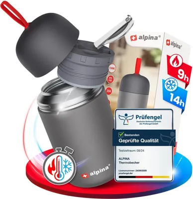 Produktbild von alpina Thermobehälter für Essen - SPÜLMASCHINENFESTER Thermo Becher 730 ml mit Druckausgleich und faltbarem Löffel - Hält extra lange warm und kalt I Edelstahl Thermobecher BPA frei