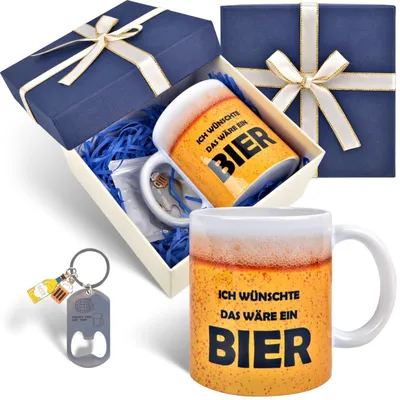 Productafbeelding van Biergeschenkset voor mannen: 3 keramische mokken met een tekst, een flesopener sleutelhanger, en een cadeauverpakking