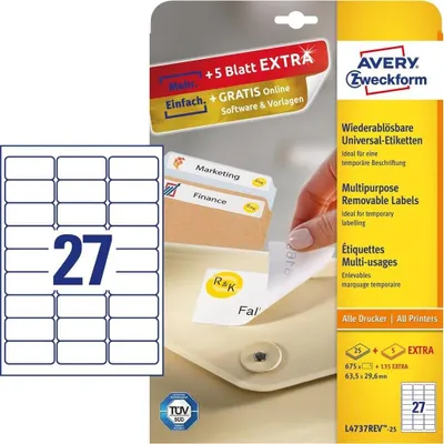 Obrázok produktu pre Avery L4737REV-25, Biela, Zaoblený obdĺžnik, Odnímateľné, DIN A4, Univerzálne, Papája