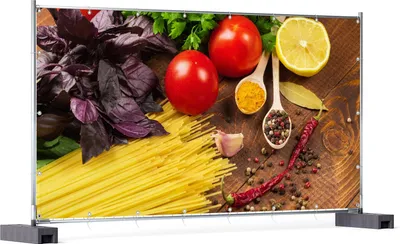 Produktbild von Wallario XXL Outdoor-Poster für Garten oder Balkon, Motiv Italienisches Menü mit Spaghetti, Tomaten, Basilikum und Gewürzen, in ca. 340 x 173 cm