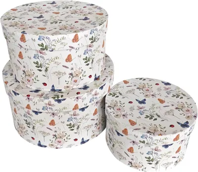 Produktbild von PapeRoom Aufbewahrungsboxen 3er Set rund, Geschenkboxen Weiß mit Schmetterlingen und Blumen