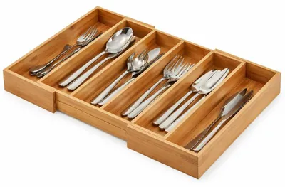 Bambus-Besteck-Organizer, ausziehbar, 5 Fächer, 28,5x36,8x5,5 cm