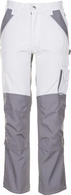 A pair of white and gray work pants shown front-on against a white background.
