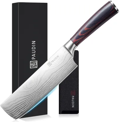 Immagine prodotto di Coltello Nakiri PAUDIN N6 da 17,5 cm – Coltello da verdura giapponese – Coltello da cucina professionale con finitura damascata