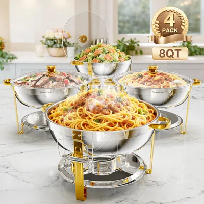 Obrázok produktu pre WARMOUNTS Chafing Dish Set 4-dielna sada zlatá 8QT nerezová oceľová bufetová nádoba na udržanie teploty jedla Okrúhla nádoba na udržanie teploty jedla so skleneným vekom na párty, svadbu, catering