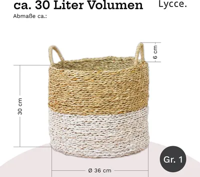 A woven basket with dimensions indicated by measurement lines and text.