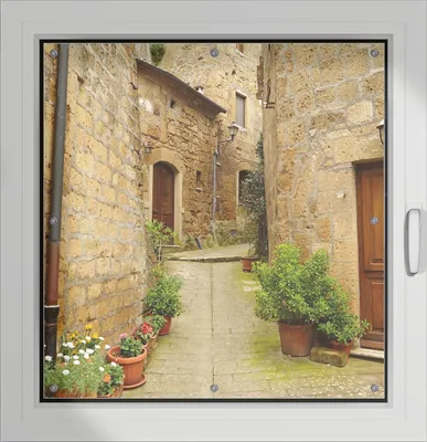 Produktbild von Wallario Lichtschutzbild, Dekorativer Sichtschutz Sonnenschutz 96 x 93 cm mit Motiv: Weg durch die Altstadt - Toskana in Italien - Verdunklung ohne Bohren