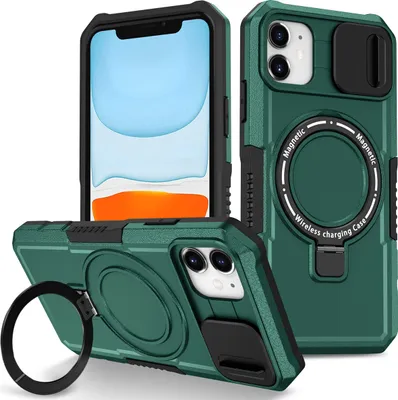 Produktbild von Handyhülle für iPhone 11 Kompatibel mit MagSafe, Robuste Hülle mit Schiebe Kamera Schutz, Magnetischer Ringständer Dunkelgrün