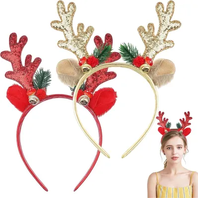Produktbild von 2 Stk Weihnachts-Stirnb?nder, Rentier Geweih Stirnband, Glitzer Haarreif mit Geweih, Weihnachts-Haarreifen, Weihnachtsbaum und Rentier Kopfschmuck Weihnachten Haarreif fš¹r Damen - Party Haarschmuck