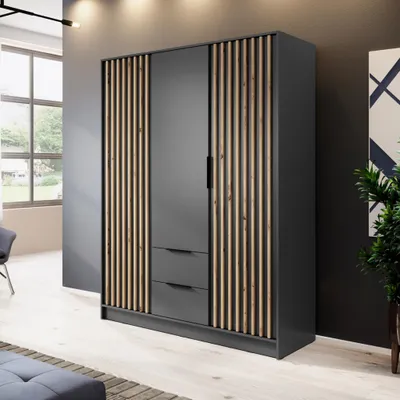 Produktbild von 3-türig Kleiderschrank mit Lamellen Polly 155 cm Schrank Garderobenschrank mit Schubladen, Farbe: Graphit