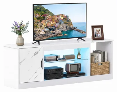 Produktbild von COSTWAY TV-Schrank mit LED, Fernsehschrank für TV bis 65 Zoll, TV-Ständer mit verstellbarer Glasablage & 3 offenen Fächern, Fernsehtisch Weiß-Mamor