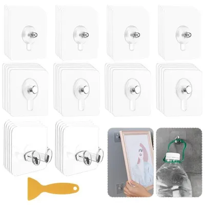 Produktbild von 50 selbstklebende Bilderhaken, transparente Haken, zum Aufhängen von Bildern ohne Bohren, selbstklebende Bilderhaken, geeignet zum Aufhängen von Postern, Fotos und dekorativen Bildern am Fenster (max. 5 kg)