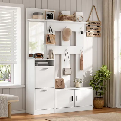 Image de Porte-manteaux pour l'entrée, comprenant un meuble à chaussures, un miroir et des crochets, ainsi qu'une armoire murale