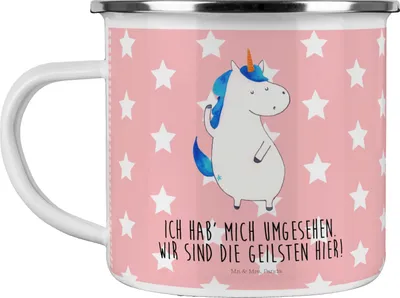 Produktbild von Mr. & Mrs. Panda Teetasse Einhorn Mann - Rot Pastell - Geschenk, Freundin, Emaille Tasse, Blechtasse, Campingtasse, Pott, Party, Teebecher, Cool, Hübsch, Familie, Unicorn