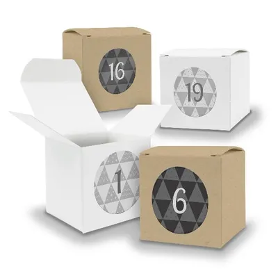 Produktbild von Adventskalender zum Füllen 24x Würfel 6,5cm gemischt WEISS BRAUN + Sticker V06 Z25