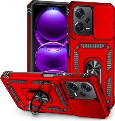 Image de Xiaomi Redmi Note 12 5G étui double couche avec couvercle coulissant pour l'appareil photo et anneau de support rouge