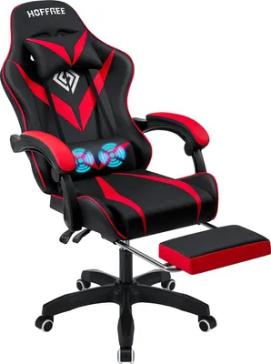 Zdjęcie produktu dla Krzesło gamingowe – ergonomiczne krzesło biurowe – do 180 kg – masażer lędźwiowy – funkcja odchylania – podnóżek – regulowane podłokietniki – sztuczna skóra – czerwono-czarne