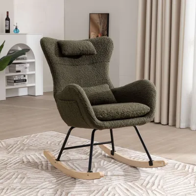 Produktbild von STILVORA Schaukelstuhl Relaxsessel Polsterstuhl mit Kopfstütze, Lendenkisse und Seitentaschen, mit hoher Rückenlehne, Fleece-Stoff, Grün