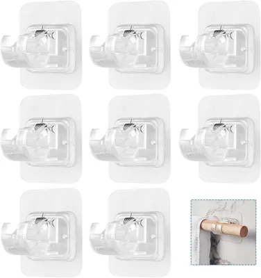 Produktbild von Mmgoqqt Gardinenstangenhalterung, selbstklebend, bohrfrei, 2 Stück, aus transparentem Kunststoff, mit 3M-Kleber, 3,5 kg Tragkraft, für Stangen bis 2 cm Durchmesser, Maße Halterung 6x5 cm, Haken 4,5x3,5 cm, ideal für Glas & Fliesen, nicht für gestrichene/strukturierte Wände.