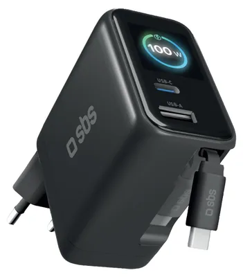 Produktbild von SBS 100W-Ladegerät mit USB-C-, USB-A-Port, ausziehbarem USB-C-Kabel und TFT-Display