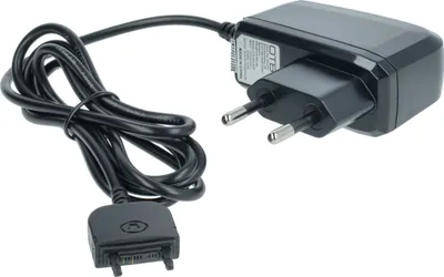 A black mobile phone charger with a European plug and a proprietary connector.