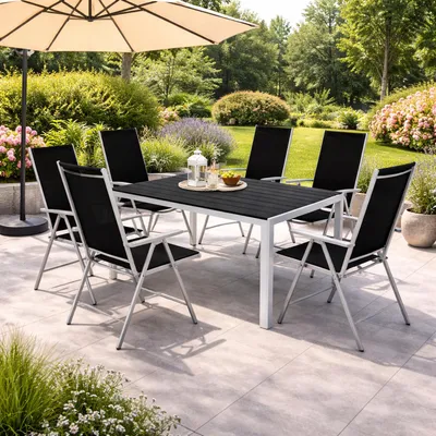 7tlg Gartenmöbel Set Alu Polywood 150x90x74cm + 6 Klappstühle Silber/Schwarz