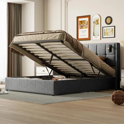 Produktbild von SUNFECILI Polsterbett 160x200 cm,Boxspringbett 160x200,mit Lattenrost,Weicher Rückenlehne und Kopfteil,USB,LED,Doppelbett,Jugendbett,Samt,Grau