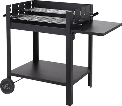 A black charcoal grill with a side table and a lower shelf, shown against a white background.