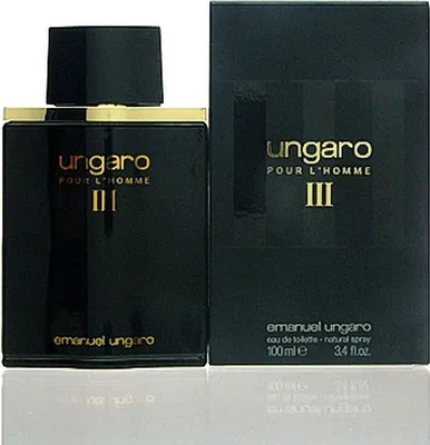 A black perfume bottle and its packaging are displayed against a white background.