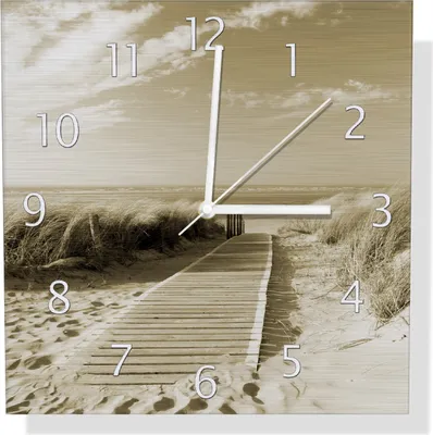 Produktbild von Wallario Design Wanduhr Auf dem Holzweg zum Strand in Sepiafarben aus Aluverbund, Größe 30 x 30 cm
