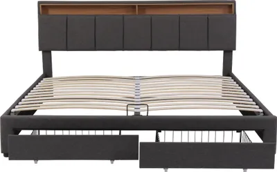 Produktbild von Merax Polsterbett 180x200cm mit Lattenrost und Schubladen,Hydraulisches Boxspringbett mit Stauraum,Leinen Doppelbett mit Stauraumkopfteil und LED Grau