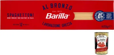 Produktbild von Barilla Pasta Al Bronzo Spaghettoni 100% italienischer Weizen,Bronze Zeichnung,Italienische Nudeln,400g + Italian Gourmet Polpa di Pomodoro 400g Dose